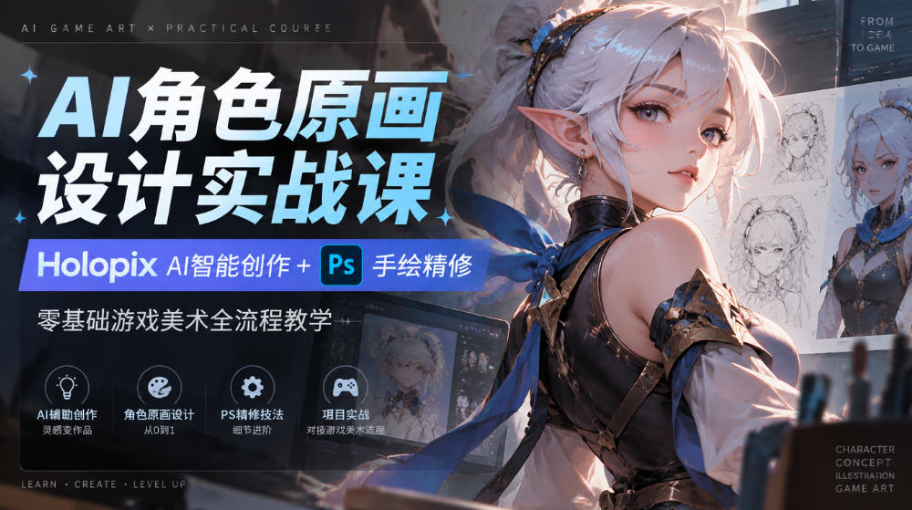 AI角色原画设计实战课|Holopix AI智能创作+PS手绘精修,零基础游戏美术全流程教学-泱泱学习社