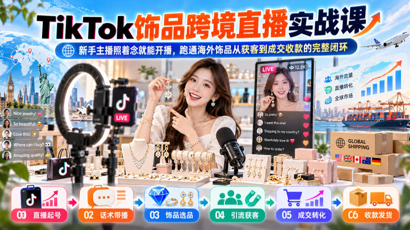 TikTok饰品跨境直播实战课，新手主播照着念就能开播，跑通海外饰品从获客到成交收款的完整闭环-泱泱学习社
