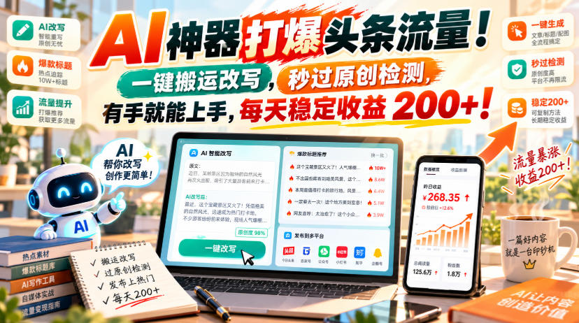 AI神器打爆头条流量,一键搬运改写,秒过原创检测,有手就能上手,每天稳定收益200+!【揭秘】-泱泱学习社