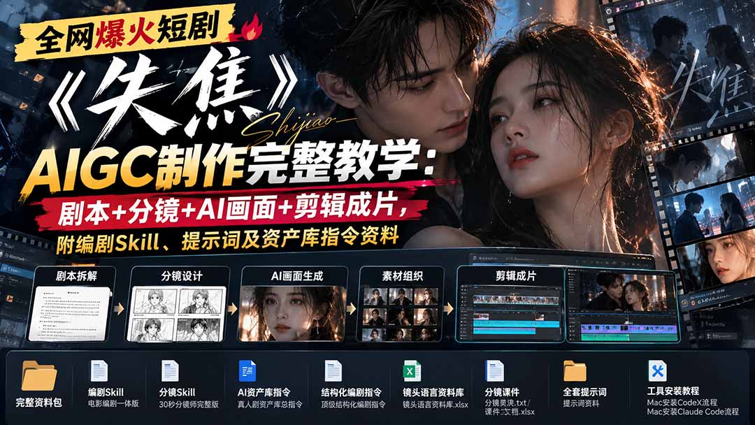 全网爆火短剧《失焦》AIGC制作完整教学:剧本+分镜+AI画面+剪辑成片,附编剧Skill、提示词及资产库指令资料-泱泱学习社