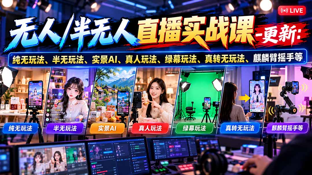 无人/半无人直播实战课-10月20更新：纯无玩法、半无玩法、实景AI、真人玩法、绿幕玩法、真转无玩法、麒麟臂摇手等-泱泱学习社