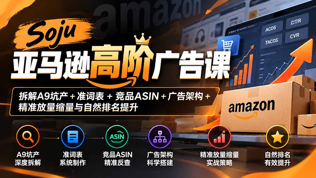 Soju亚马逊高阶广告课:拆解A9坑产+准词表+竞品ASIN+广告架构+精准放量缩量与自然排名提升-泱泱学习社