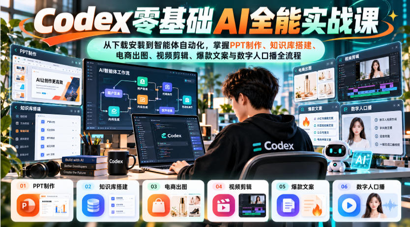 Codex零基础AI全能实战课：从下载安装到智能体自动化，掌握知识库搭建、电商出图、视频剪辑、爆款文案与数字人口播全流程-泱泱学习社