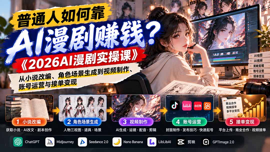 普通人如何靠AI漫剧赚钱?《2026AI漫剧实操课》从小说改编、角色场景生成到视频制作、账号运营与接单变现-泱泱学习社