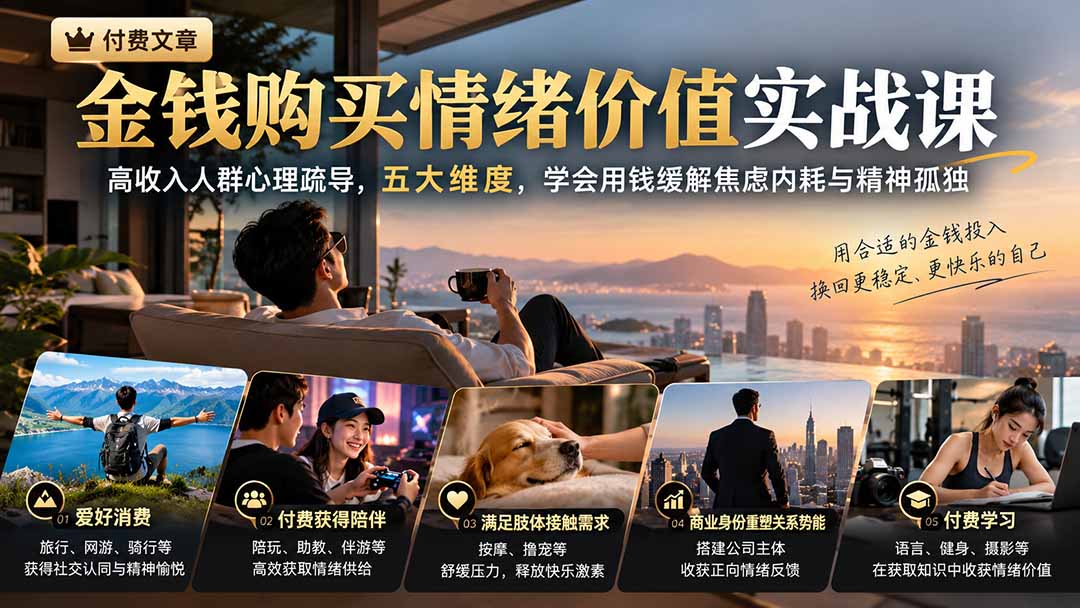 付费文章：金钱购买情绪价值实战课｜高收入人群心理疏导，五大维度，学会用钱缓解焦虑内耗与精神孤独-泱泱学习社