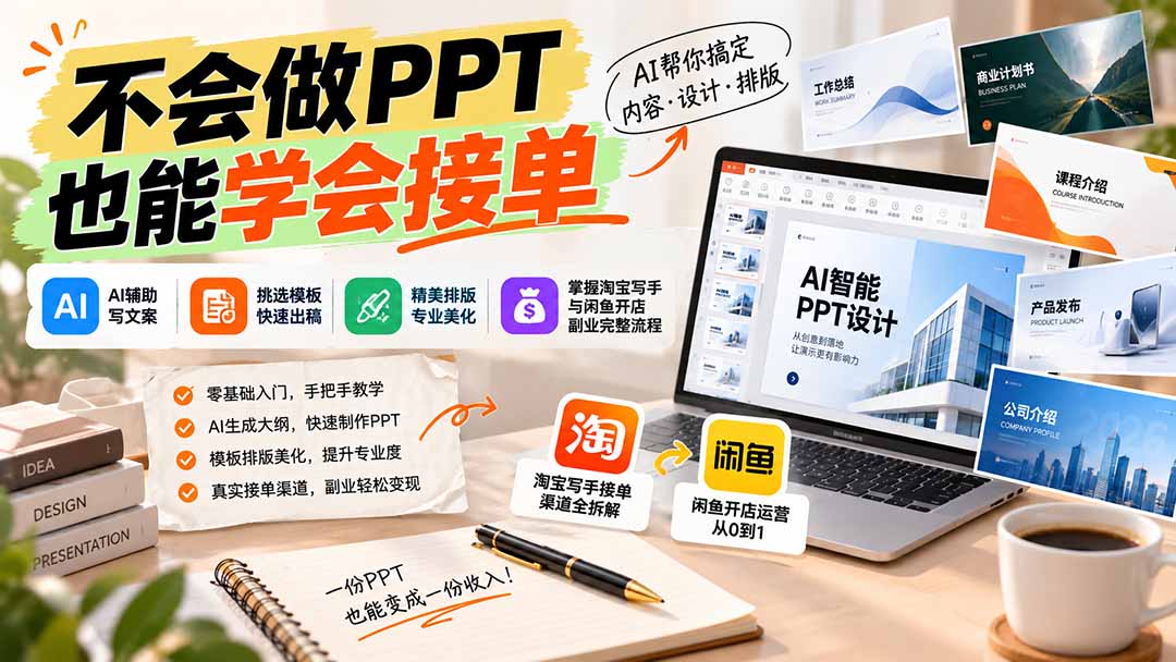不会做PPT也能学会接单：AI辅助写文案、挑模板、做排版，掌握淘宝写手与闲鱼开店副业完整流程-泱泱学习社