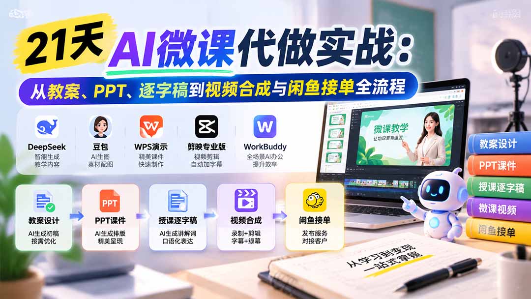 21天AI微课代做实战:从教案、PPT、逐字稿到视频合成与闲鱼接单全流程-泱泱学习社