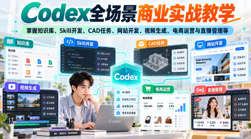 Codex全场景商业实战教学,掌握知识库、Skill开发、CAD任务、网站开发、视频生成、电商运营与直播管理等(更新1010)-泱泱学习社