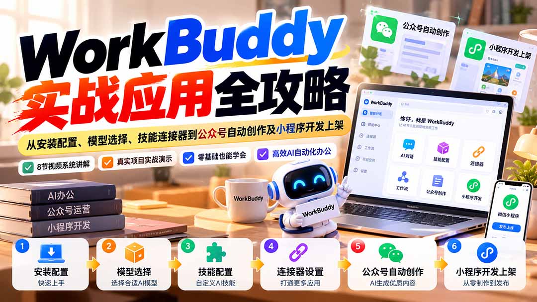 WorkBuddy 实战应用全攻略:从安装配置、模型选择、技能连接器到公众号自动创作及小程序开发上架-泱泱学习社