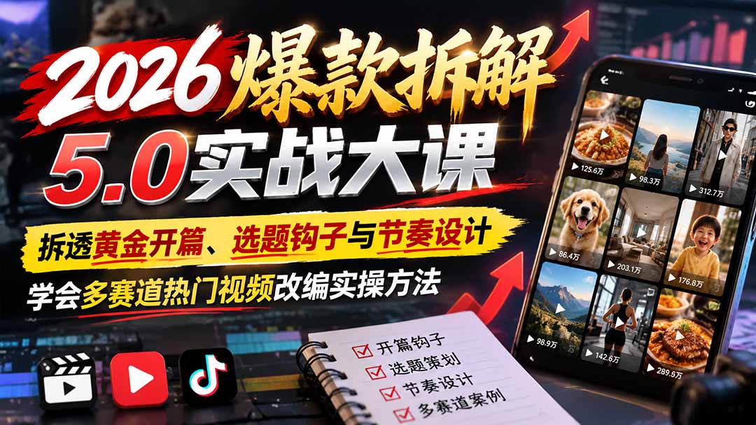 2026爆款拆解5.0实战大课:拆透黄金开篇、选题钩子与节奏设计,学会多赛道热门视频改编实操方法-泱泱学习社