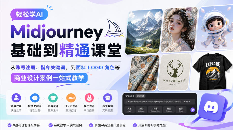 轻松学AI Midjourney基础到精通课堂,从账号注册、指令关键词,到面料LOGO角色等商业设计案例一站式教学-泱泱学习社