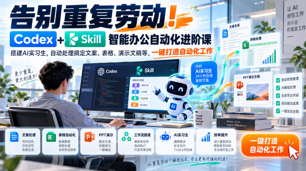告别重复劳动!Codex+Skill智能办公自动化进阶课|搭建AI实习生,自动处理搞定文案、表格、演示文稿等,一键打造自动化工作-泱泱学习社