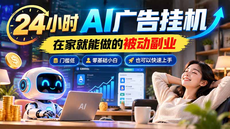 24小时AI广告挂机|在家就能做的被动副业,门槛低,零基础小白也可以快速上手-泱泱学习社