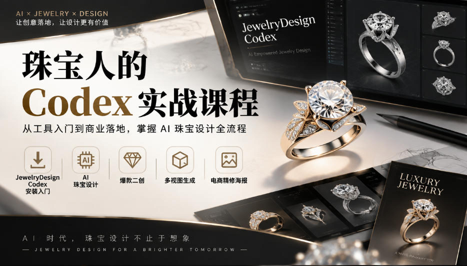 珠宝人的Codex实战课程|JewelryDesign Codex安装入门、AI珠宝设计、爆款二创、多视图生成、电商精修海报全链路教学-泱泱学习社