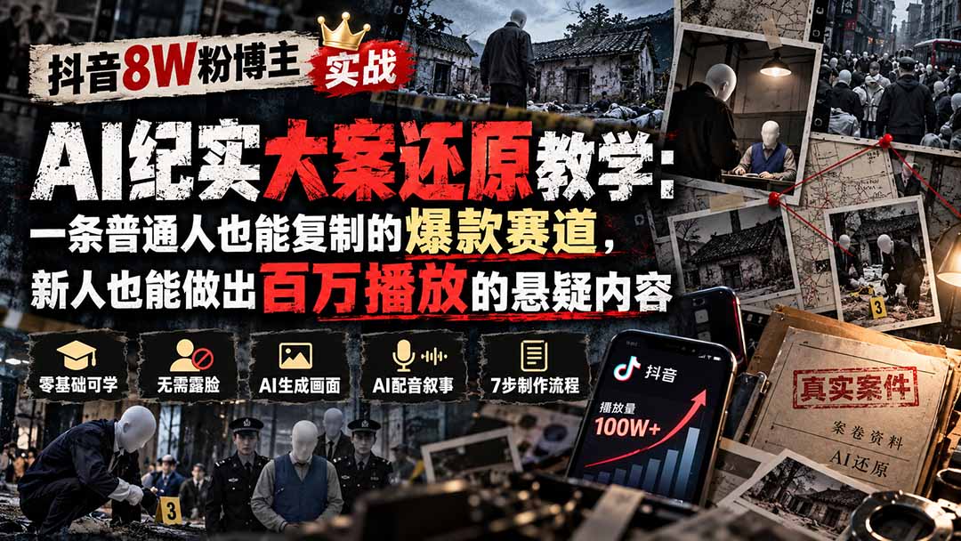 抖音8W粉博主AI纪实大案还原教学：一条普通人也能复制的爆款赛道，新人也能做出百万播放的悬疑内容-泱泱学习社