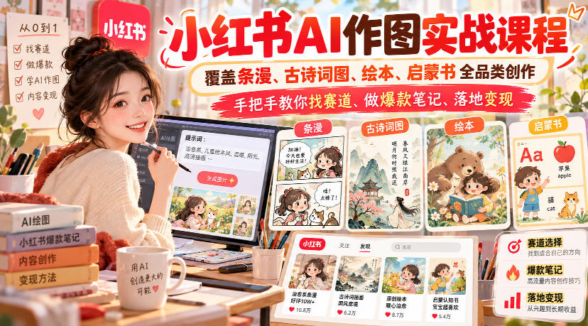 小红书AI作图实战课程,覆盖条漫、古诗词图、绘本、启蒙书全品类创作,手把手教你找赛道、做爆款笔记、落地变现(更新1017)-泱泱学习社
