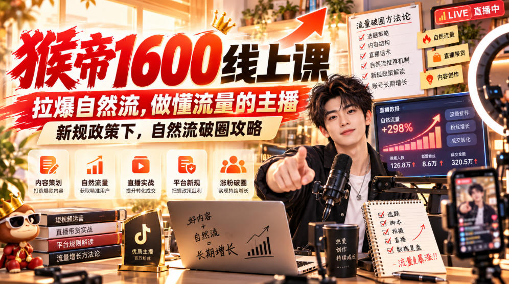 猴帝1600线上课，拉爆自然流，做懂流量的主播，新规政策下，自然流破圈攻略【更新261017】-泱泱学习社