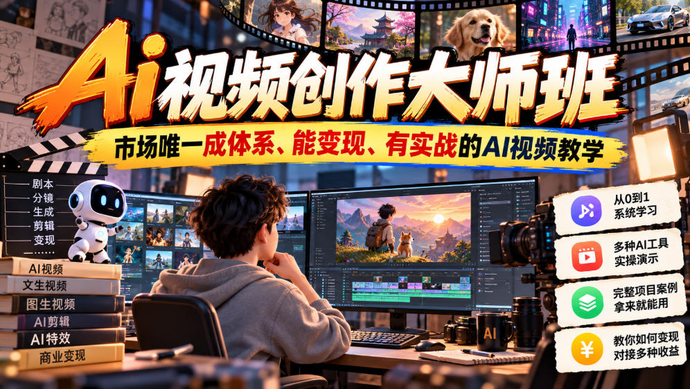 Ai视频创作大师班，市场唯一成体系、能变现、有实战的AI视频教学(更新2026)-泱泱学习社
