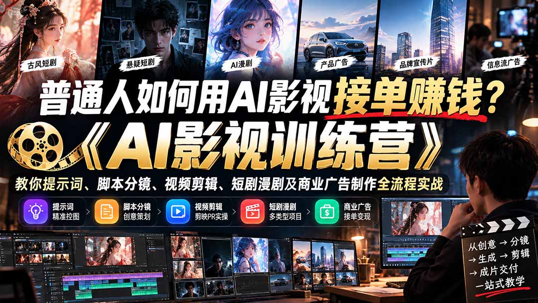 普通人如何用AI影视接单赚钱？《AI影视训练营》教你提示词、脚本分镜、视频剪辑、短剧漫剧及商业广告制作全流程实战-泱泱学习社