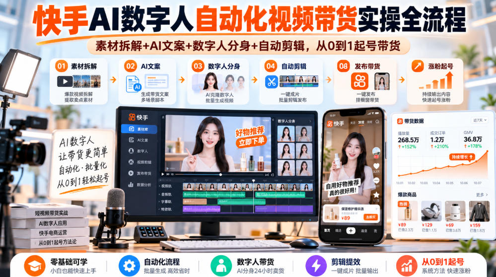 快手AI数字人自动化视频带货实操全流程|素材拆解+AI文案+数字人分身+自动剪辑,从0到1起号带货(更新26年)-泱泱学习社