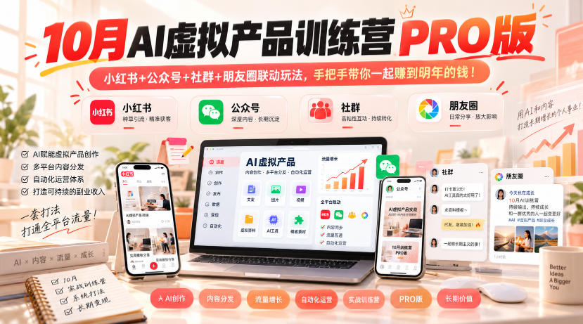 10月AI虚拟产品训练营PRO版，小红书+公众号+社群+朋友圈联动玩法，手把手带你一起赚到明年的钱！-泱泱学习社