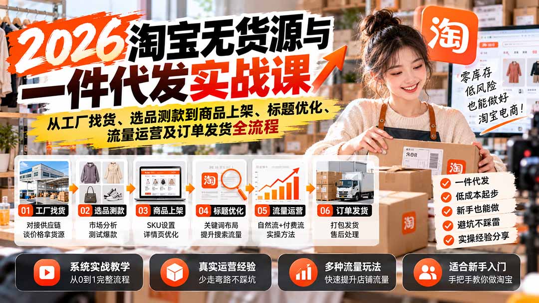 2026淘宝无货源与一件代发实战课:从工厂找货、选品测款到商品上架、标题优化、流量运营及订单发货全流程-泱泱学习社