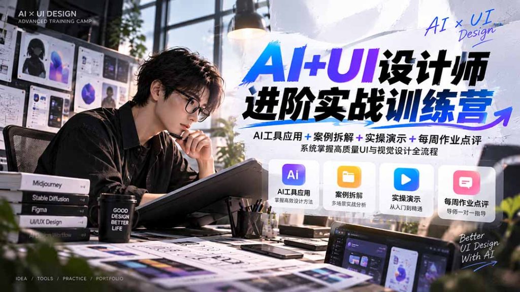 【无水印】AI+UI设计师进阶训练营-第4期:AI工具应用+案例拆解+实操演示+作业点评,掌握高质量UI与视觉设计全流程-泱泱学习社