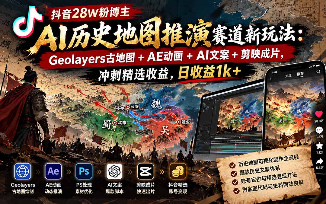 抖音28W粉博主AI历史地图推演赛道新玩法：Geolayers古地图+AE动画+AI文案+剪映成片，冲刺精选收益，日收益1k+-泱泱学习社