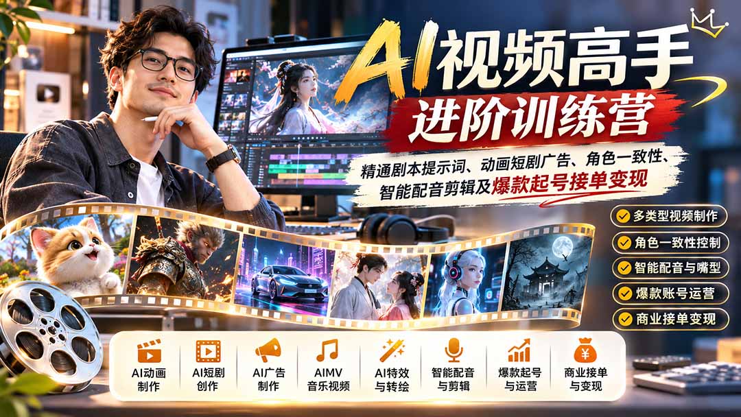 AI视频高手进阶训练营:精通剧本提示词、动画短剧广告、角色一致性、智能配音剪辑及爆款起号接单变现-泱泱学习社