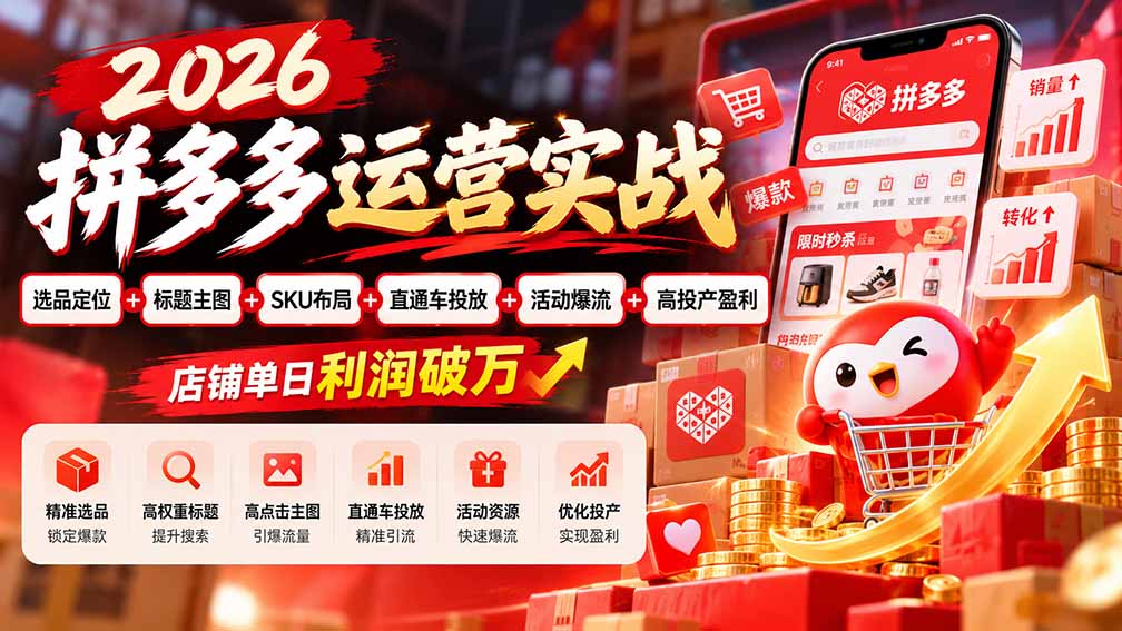 2026拼多多运营实战-更新1002:选品定位+标题主图+SKU布局+直通车投放+活动爆流+高投产盈利 店铺单日利润破万-泱泱学习社