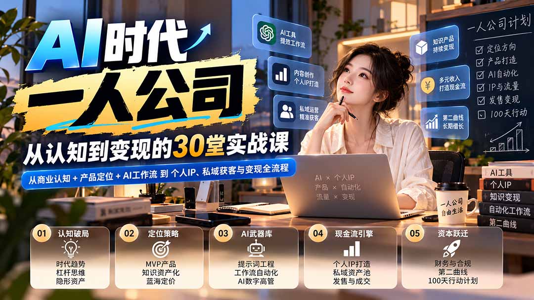 【无水印】AI时代一人公司30堂实战课：从商业认知+产品定位+AI工作流到个人IP、私域获客与变现全流程-泱泱学习社