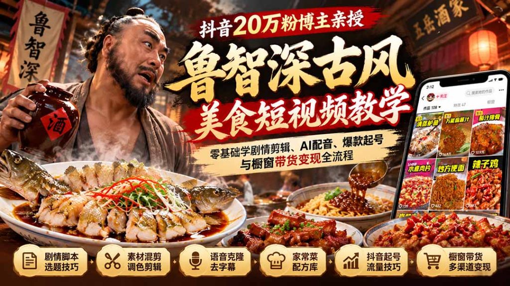 抖音20万粉博主亲授鲁智深古风美食玩法：零基础学剧情剪辑、AI配音、爆款起号与橱窗带货变现全流程-泱泱学习社