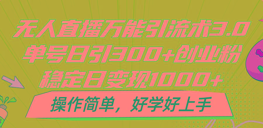 无人直播万能引流术3.0，单号日引300+创业粉，稳定日变现1000+，操作简单-泱泱学习社