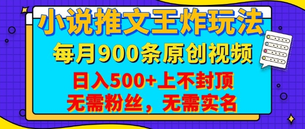 小说推文王炸玩法，一键代发，每月最多领900条原创视频，播放量收益日入5张，无需粉丝，无需实名【揭秘】-泱泱学习社