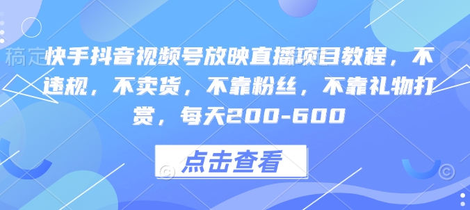 快手抖音视频号放映直播项目教程，不违规，不卖货，不靠粉丝，不靠礼物打赏，每天200-600-泱泱学习社