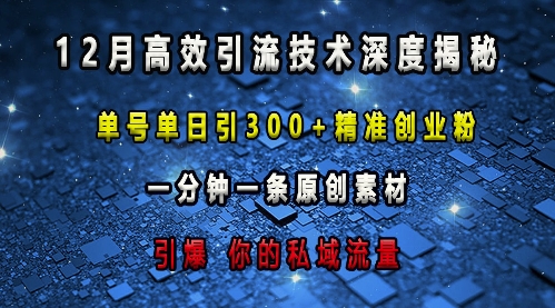 最新高效引流技术深度揭秘 ，单号单日引300+精准创业粉，一分钟一条原创素材，引爆你的私域流量-泱泱学习社