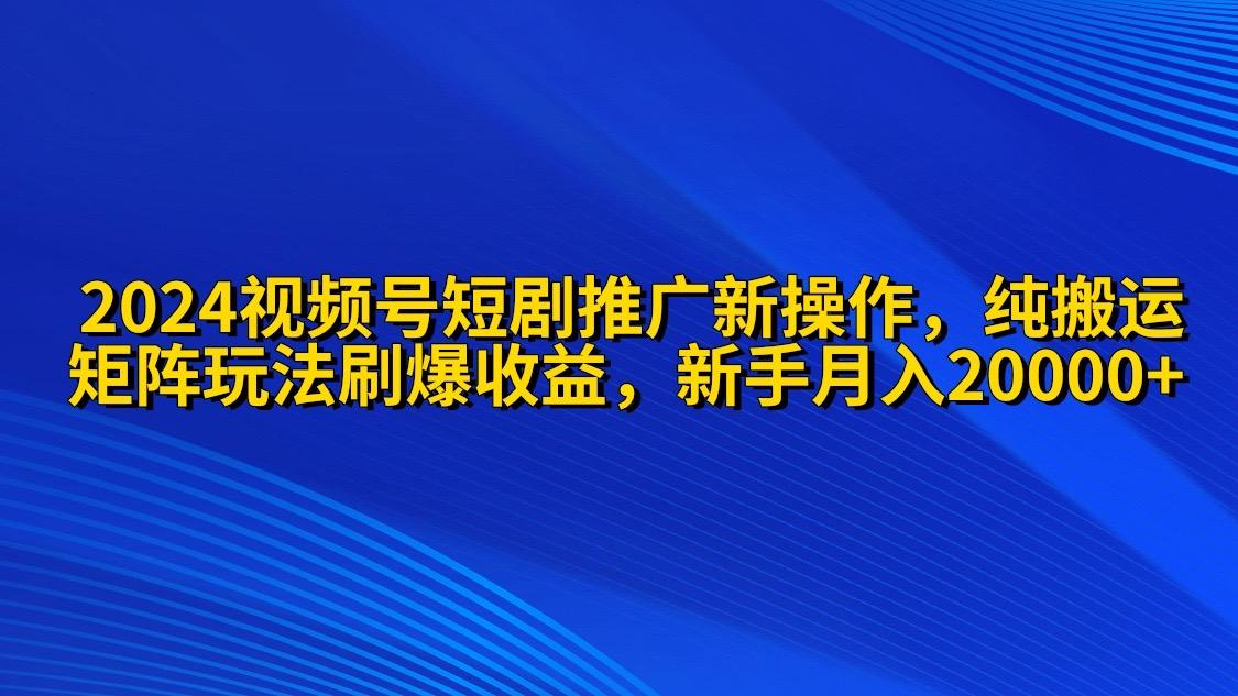 (9916期)2024视频号短剧推广新操作 纯搬运+矩阵连爆打法刷爆流量分成 小白月入20000-泱泱学习社