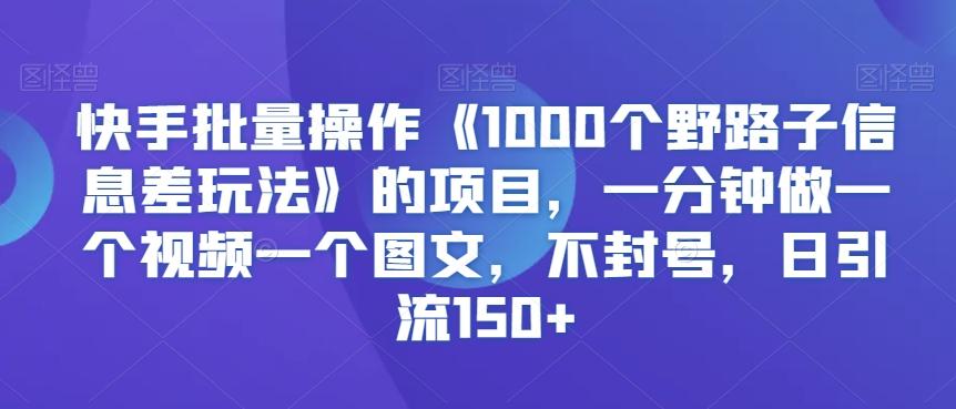 快手批量操作《1000个野路子信息差玩法》的项目，一分钟做一个视频一个图文，不封号，日引流150+【揭秘】-泱泱学习社
