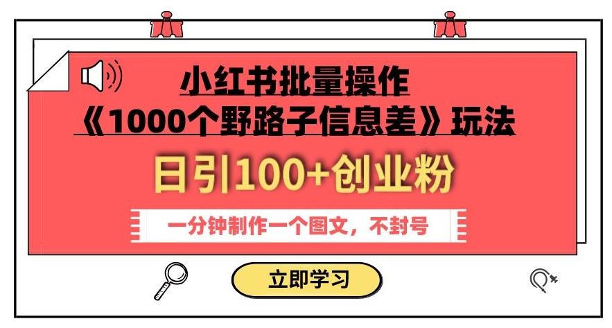 小红书批量操作《1000个野路子信息差》玩法，一分钟制作一个图文，不封号，日引100+创业粉-泱泱学习社