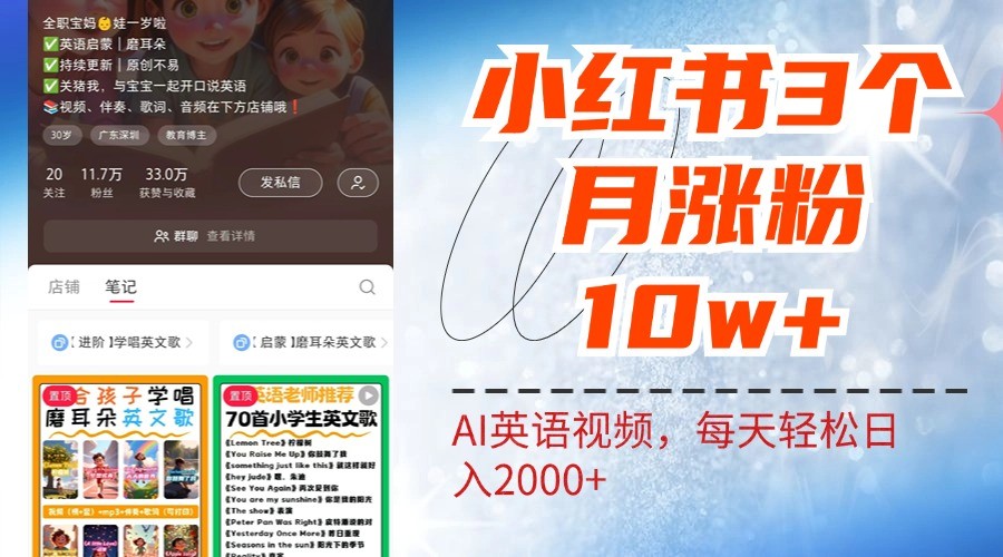 小红书三个月涨粉10W，AI英语视频0成本制作，每天轻松日入2000+-泱泱学习社