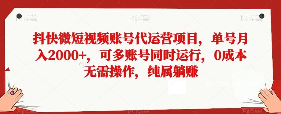 抖快微短视频账号代运营项目，单号月入2000+，可多账号同时运行，0成本无需操作，纯属躺赚【揭秘】-泱泱学习社