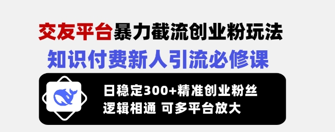 交友平台暴力截流创业粉玩法，知识付费新人引流必修课，日稳定300+精准创业粉丝，逻辑相通可多平台放大-泱泱学习社