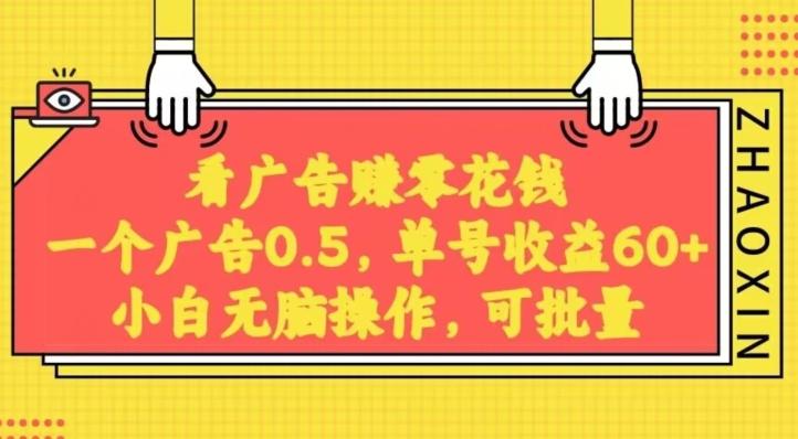 无脑看广告获取收益，一条广告0.5，日稳定60-100+，可批量放大，超级稳定-泱泱学习社