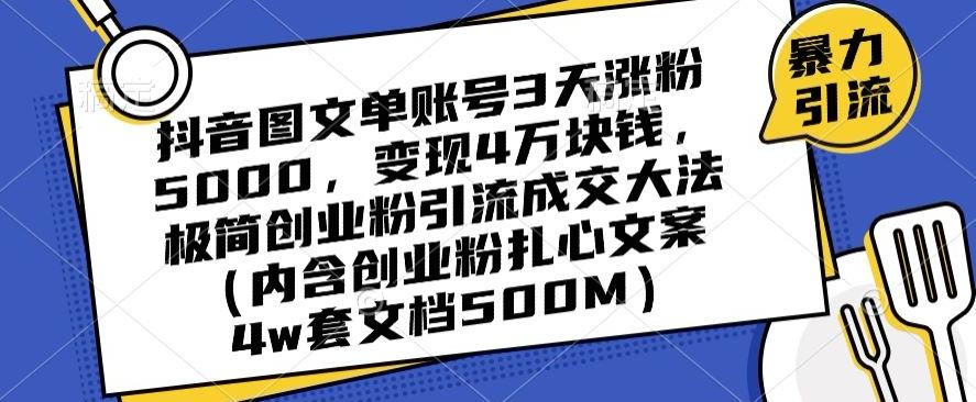 抖音图文单账号3天涨粉5000，变现4万块钱，极简创业粉引流成交大法-泱泱学习社