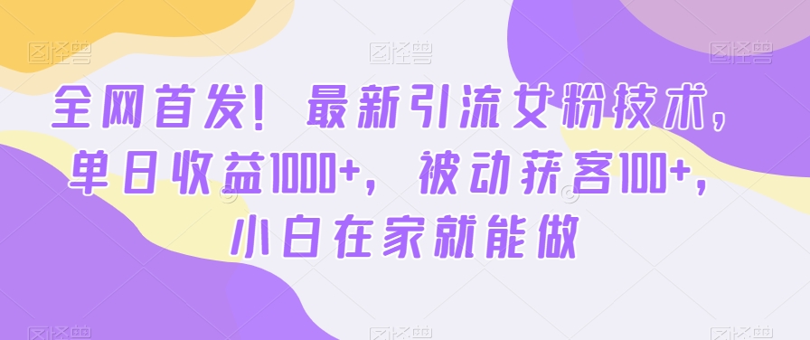 全网首发！最新引流女粉技术，单日收益1000+，被动获客100+，小白在家就能做【揭秘】-泱泱学习社