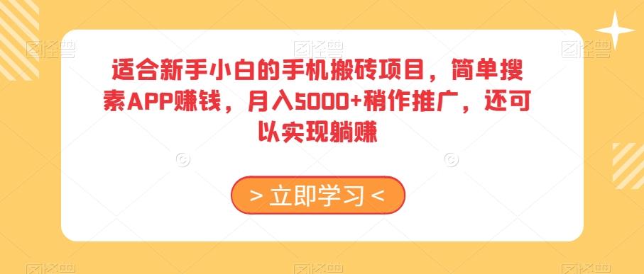 适合新手小白的手机搬砖项目，简单搜素APP赚钱，月入5000+稍作推广，还可以实现躺赚【揭秘】-泱泱学习社