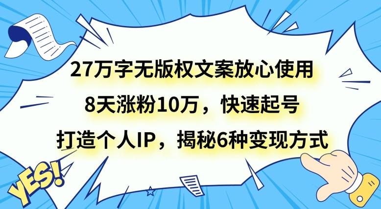 27万字无版权文案放心使用，8天涨粉10万，快速起号，打造个人IP，揭秘6种变现方式-泱泱学习社