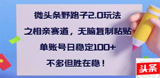 微头条野路子2.0玩法之相亲赛道，无脑搬砖复制粘贴，单账号日稳定300+…-泱泱学习社
