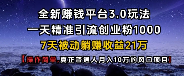 全新赚钱平台3.0玩法一天精准引流创业粉1000.7天被动躺Z收益21W【仅揭秘】-泱泱学习社