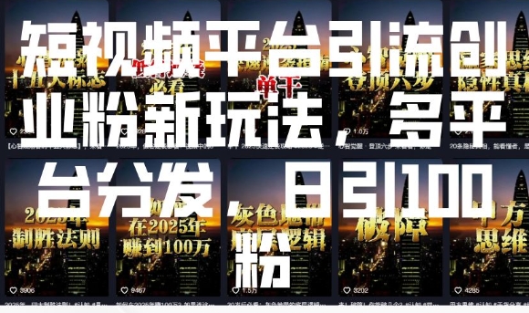 短视频平台引流创业粉新玩法，多平台分发，日引100粉-泱泱学习社